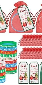 Liliful 72 Pcs Christmas Gifts 24 Set Christmas Students Gifts, Xmas Silicone Wristbands with Gift Label Tags and Organza Bags for Kids Stocking Stuffers Classroom Gift Party Favors(Merry Style)