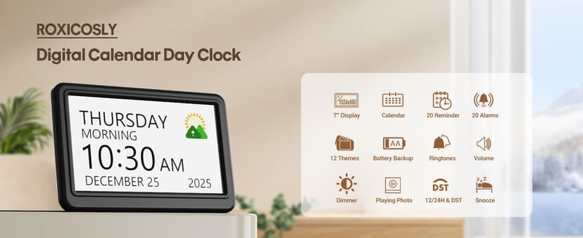 Clock with Day and Date for Elderly, 7" Large Display Digital Calendar Day Clock with 20 Custom Alarms and Medicine Reminders, 12 Display Modes, Dimmable Dementia Alzheimers Clocks for Seniors