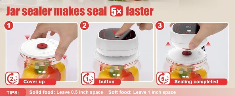 Electric Mason Jar Vacuum Sealer Kit - Auto-Stop with Digital Display, 60kPa Ultra Strong Suction for Wide/Regular Mouth Jars, Preserve Freshness 12X Longer (Includes 6 Lids & Bag Adapters)