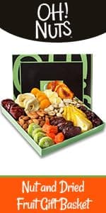 Oh! Nuts Dried Fruit and Nuts Gift Basket Tower with Black Ribbon Gift Basket, 5 Tier Gourmet Arrangement Platter, Healthy Kosher Snack Box for Birthday, Anniversary