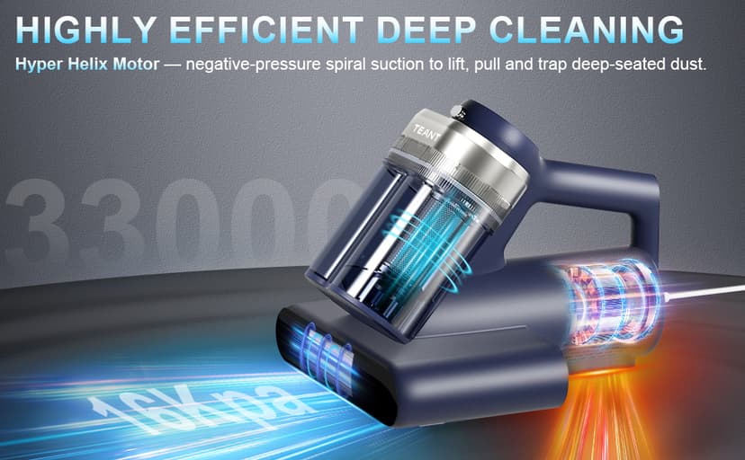 Mattress Vacuum Bed Vacuum Cleaner with 253.7nm UV-C Light, Hyper Helix Motor with 16kPa Strong Suction & 33000 RPM/Min Tapping, HEPA Filter, 149℉ Heat & Ultrasonic & Anion for Bed and Pet