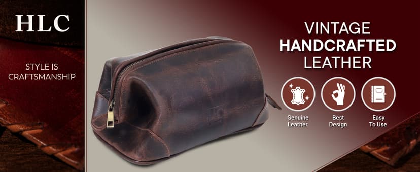 HLC Leather Toiletry Bag for Men - Best Gift for Men - Premium Genuine Leather Dopp Kit Shaving Kit Organizer Travel Kit Pouch Bag for Men - Large Size - Rustic Brown