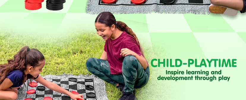 3-in-1 Vintage Giant Checkers, Tic, Tac, Toe, with Reversible Mat, 24 Chips, Family Board Game, Lawn Game, BBQ Party Favor, Indoor and Outdoor Activity for Kids and Adults