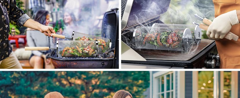 Rolling Grill Basket, Removable Wooden Handle, 304 Stainless Steel, Nesting Smoker Net, BBQ Accessories Tools for Vegetable Shrimp, Outdoor Cooking Camping, Birthday Gifts for Men Dad Husband