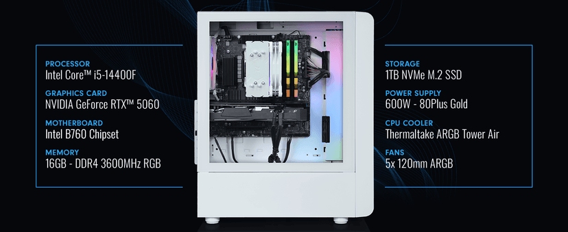 Thermaltake LCGS Quartz i1460 Gaming Desktop (Intel Core™ i5-14400F, ToughRam DDR4 3600Mhz 16GB RGB Memory, NVIDIA GeForce® RTX 5060, 1TB NVMe M.2, WiFi, Windows 11) S2QT-B760-560-LCS