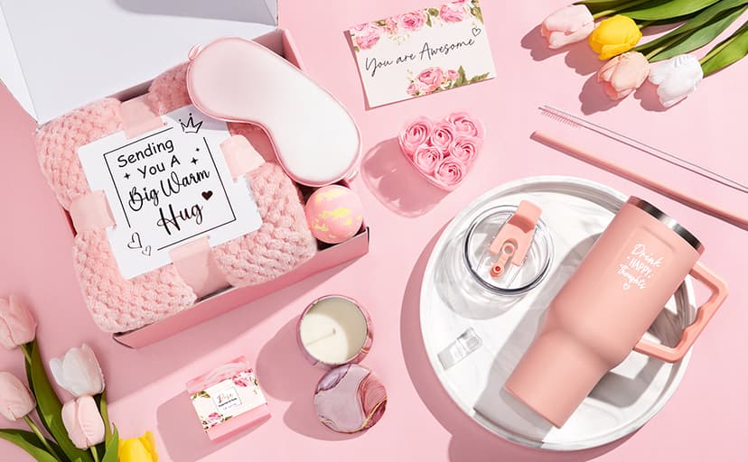 Birthday Gifts for Women Self Care Gifts Get Well Soon Gifts, Rose Relaxing Spa Gifts Basket Care Package w/ Luxury Flannel Blanket 40 oz Tumbler, Mothers Day Gifts for Mom Her Wife Girlfriend Sister