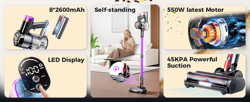 Cordless Vacuum Cleaner, 550W/45Kpa/60Mins Stick Vacuum, Anti-Tangle Vacuum Cleaners for Home with Self-Standing, LDE Display, 8-in-1 Wireless Vacuum for Carpet Pet Hair Hardfloor