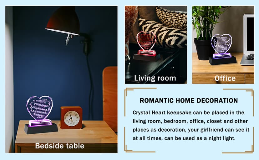 YWHL Romantic Girlfriend Gifts from Boyfriend, To My Girlfriend Crystal Heart Shaped Keepsake with Colorful Light Base, Girlfriend Birthday Gift, Gifts for Girlfriend on Anniversary Valentine