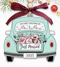 TUMSHANIP First Christmas Married Ornament 2025 - Wedding Ornaments - Wedding Gifts for Couples 2025, Newlyweds, Bride - Mr and Mrs Gifts - Just Married Couple Gift - Wood Ornament