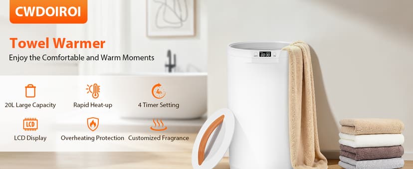 Towel Warmers for Bathroom, 20L Large Towel Warmer Bucket, Fits Up Two 40"X70" Oversized Towels, Bathrobes, Blankets, Towel Heater with LCD, 4 Timer Setting and Auto Shut Off(White)