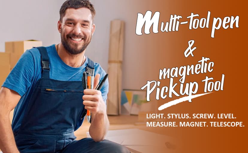 Magnetic Pickup Tool and 6 in 1 Multitool Pen with Touch Screen Stylus, Rulers, Bubble Level, Flathead, Phillips Screwdriver, Ballpoint Pen, Christmas Gifts Stocking Stuffers for Men, Teen Boys, 2Pack