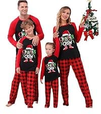 Awoscut Christmas Family Matching Pajamas Sets Christmas PJ's Letter Print Top and Plaid Pants Jammies Sleepwear