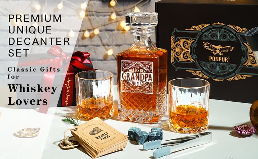PONPUR Gifts for Grandpa Papa, Whiskey Decanter Set for Grandfather, Unique Grandpa Birthday Gift from Granddaughter Grandson, Best Christmas Retirement Presents for Whisky Scotch Bourbon Lovers