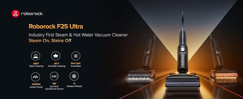 roborock F25 Ultra Steam Wet Dry Vacuum Cleaner, 356°F Steam Mop & 187°F Hot Water Cordless Vacuum Mop All in One, Floor Washer with Blue Light, 194°F Self-Cleaning, 180° Lay-Flat, AI Assitant Wheels