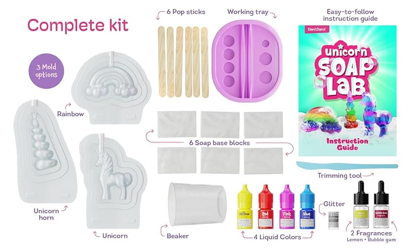 Dan&Darci Unicorn Soap Making Kit - Girls Crafts DIY Project Age 6+ Year Old Kids - Unicorn Girl Gifts - Science STEM Activity Teenage Gift - Make Your Own Soap Kits - Craft Toys Ages 6 7 8 9 10 11 12