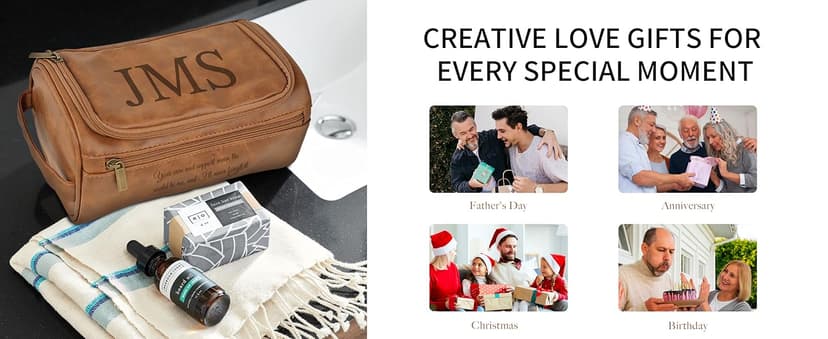Easycosy Personalized Toiletry Bag for Men, Engraved with Pattern & Text, PU Leather Men's Toiletry Bag for Traveling, Father's Day Memories Gifts for Him Men Boyfriend Husband