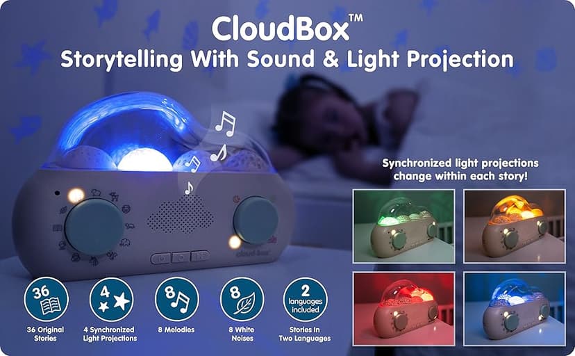 Cloudb Cloudbox Storytime Audio Story Books Toy Gift for Toddlers Kids Girls Boys | English/Spanish Voice Record Storyteller | 36 Stories, 8 Melodies, Star Projector Night Light White Noise Dreambox