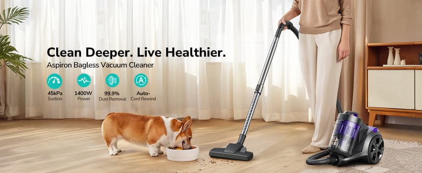 Aspiron 1700W Canister Vacuum Cleaner, 45Kpa Bagless Vacuum Cleaner, Multi-Cyclonic Filtration, 2 Anti-Allergen HEPA Filters, 3.5QT Dust Cup, 4 Tools, Corded Vacuum for Hard Floor, Pet Hair, Violet