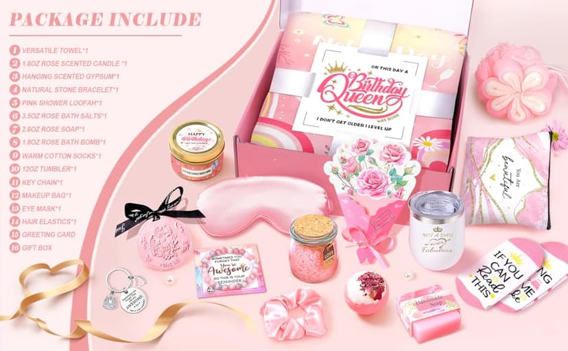 Birthday Gifts for Women, Happy Birthday Gifts Basket for Women Self Care Gift Get Well Soon Gifts, Rose Relaxing Spa Gift Basket with Beach Towel, Woman Birthday Gift for Sister Coworker Her Bestie