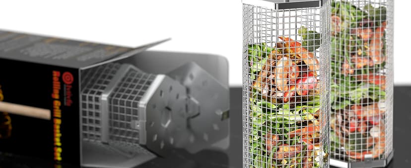 Rolling Grill Basket, Removable Wooden Handle, 304 Stainless Steel, Nesting Grilling Tools, Smoker BBQ Accessories for Vegetable, Outdoor Cooking Camping, Birthday Gifts for Men Dad Husband